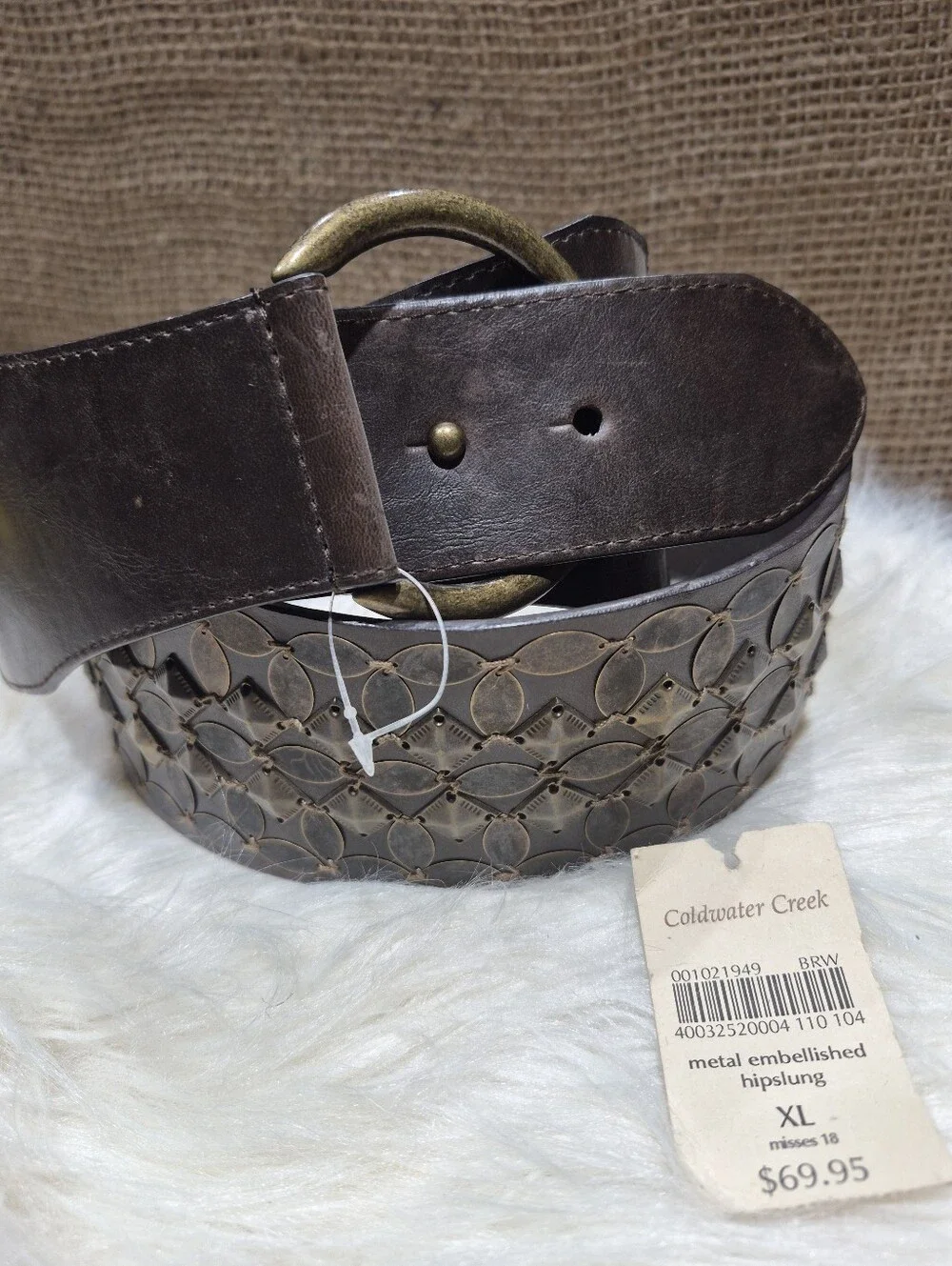 Coldwater Creek Wide Brown Leather Belt with Antiqued Metal Discs XL Size 18 NWT